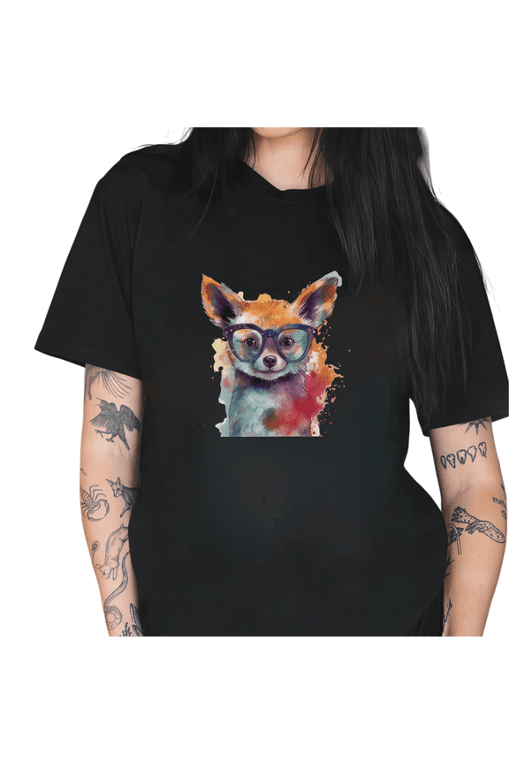 Black Artistic Fox Illustration Graphic Tshirt Color Splash Painting Style Womens Short Sleeve Graphic Tees