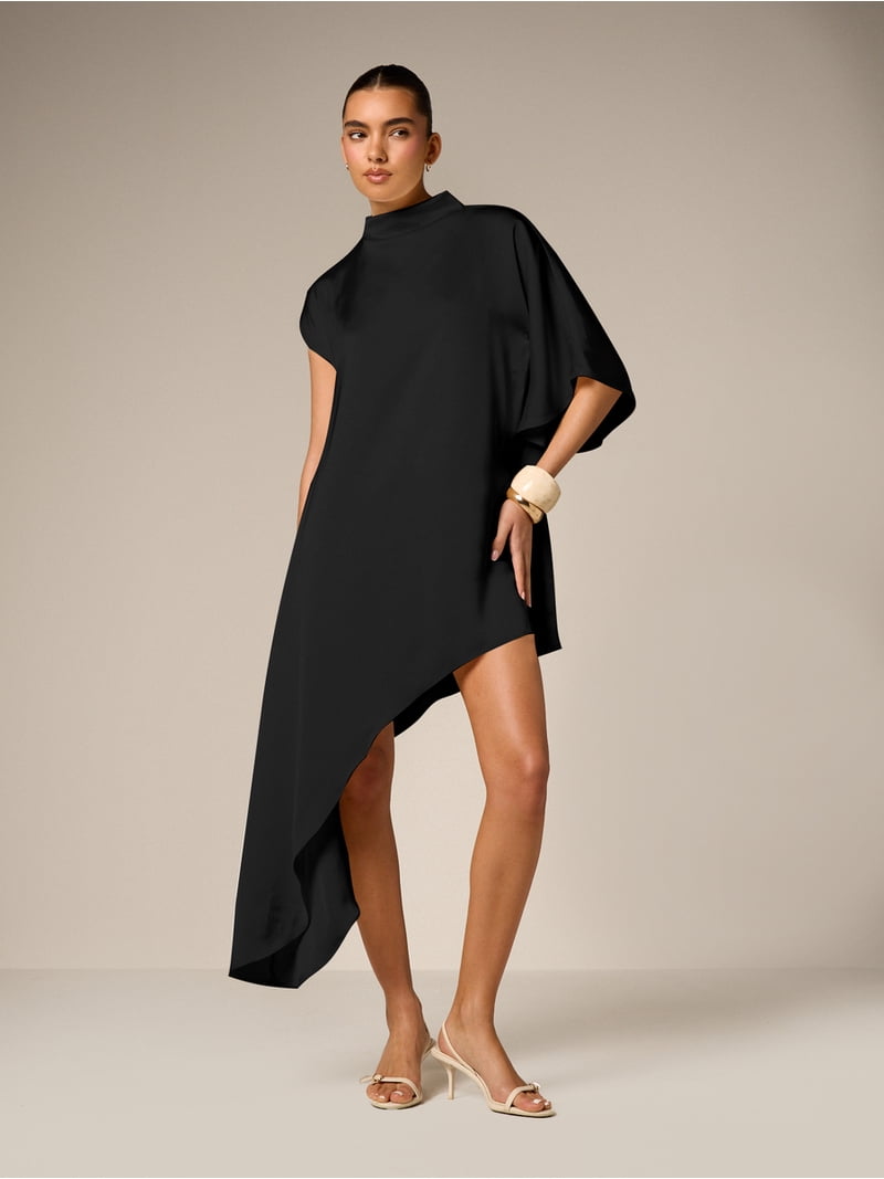 asymmetrical mock neck dress Asymmetric Draped Mock Neck Midi Dress