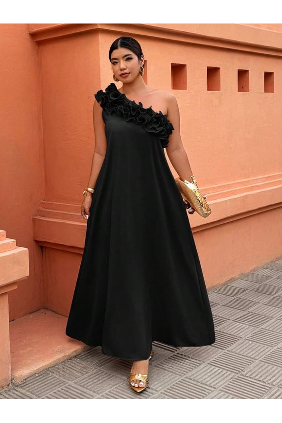 Black Asymmetrical One-Shoulder Ruffle A-Line Maxi Dress For Women