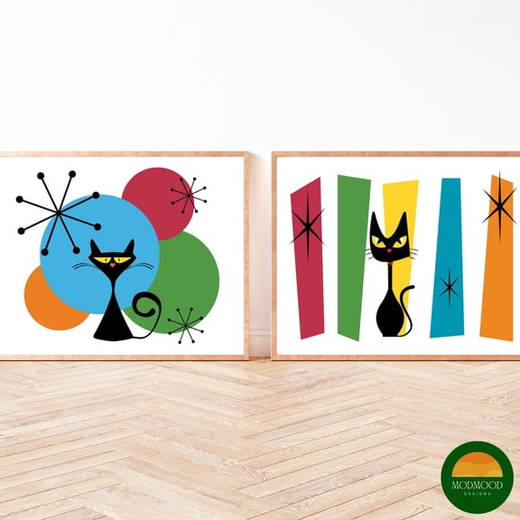 Black Atomic Cat Colorful Retro MCM 1950s Gallery Wall Art Set Set 2 Unframed Paper Print 20x30