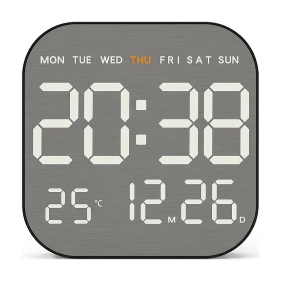 Black Atomic Digital Wall Clock with Date, Weekday, Indoor Temperature, and Large Number Display