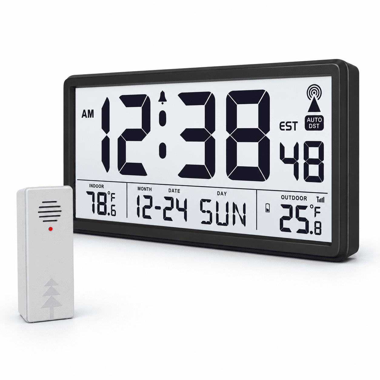 Black Atomic Wall Clock with Indoor/Outdoor Temperature Display, 15.67 ...