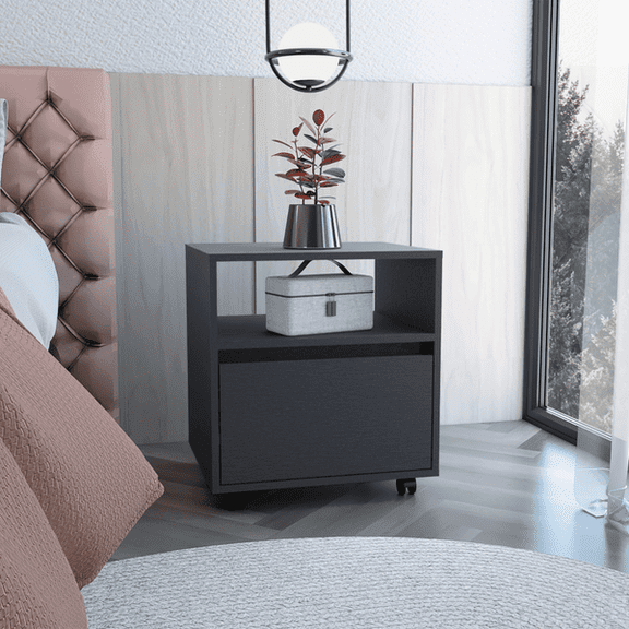 Black Austin Rolling Nightstand with Single Drawer, Mobile Side End Table Equipped with Casters for Bedroom Storage Furniture