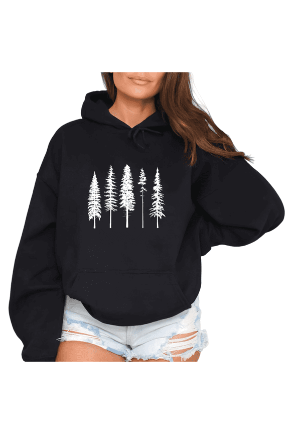 Black Autumn Pine Forest Graphic Sweatshirt Print hoodie womens S-2XL for Daily Wear Tops