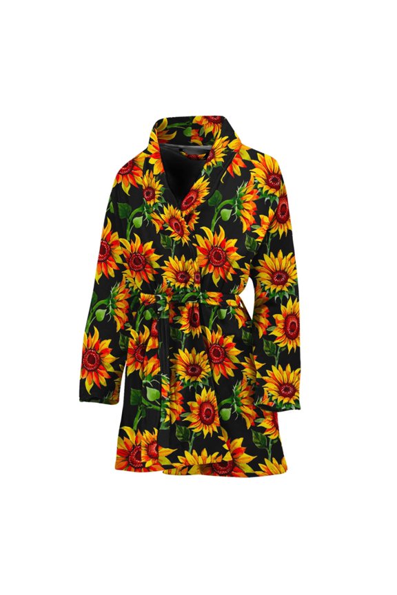 Black Autumn Sunflower Pattern Women Bathrobe One Size Univeral Fits Fashion Lightweight Plush Fleece Long Robe For Women