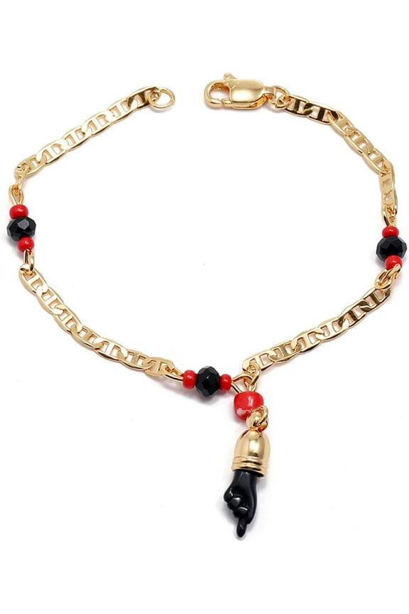 Black Azabache Hand Figa Charm Stainless Steel Link Chain Necklace Bracelet for Women Men 18K Gold Plated Good Luck Kabbalah Evil Eye Amulet Bracelet Protection Jewelry