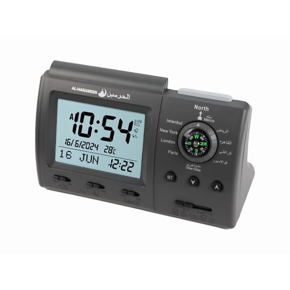 Black Azan Table Clock with Complete Prayer Reminder Qibla Direction Global Prayer Times
