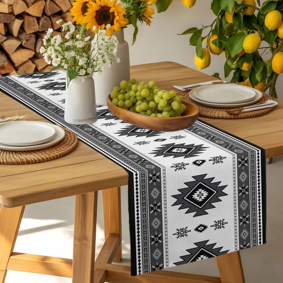 Black Aztec Bohemian Geometric on Retro Table Runner-36 Inch Long Abstract Ethnic Table Runners Linen Burlap Tablerunner for Kitchen Dining Room Holiday Party