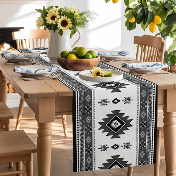 Black Aztec Bohemian Geometric on Retro Table Runner-90 Inch Long Abstract Ethnic Table Runners Linen Burlap Tablerunner for Kitchen Dining Room Holiday Party