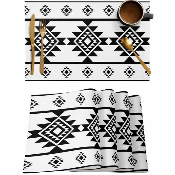Black Aztec Ethnic Style Placemats Set of 4,Wipeable Washable Table Mats for Dining Tables,Tribal Abstract Art Place Mats for Kitchen Event Party Tabletop Decor
