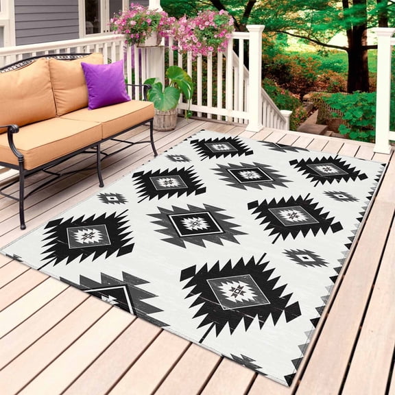 Black Aztec Outdoor Rug for Patio/Deck/Porch, Non-Slip Large Area Rug 6 x 9 Ft, Southwest Boho Tribal Abstract Geometric Indoor Outdoor Rugs Washable Area Rugs, Reversible Camping Rug Carpet Runner