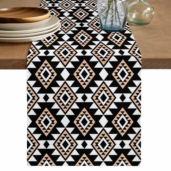 Black Aztec Table Runner, Abstract Retro Tribal Cotton Linen Kitchen Table Decoration Washable Dining Tabletop Runners for Home Party Decor 13x60 Inches