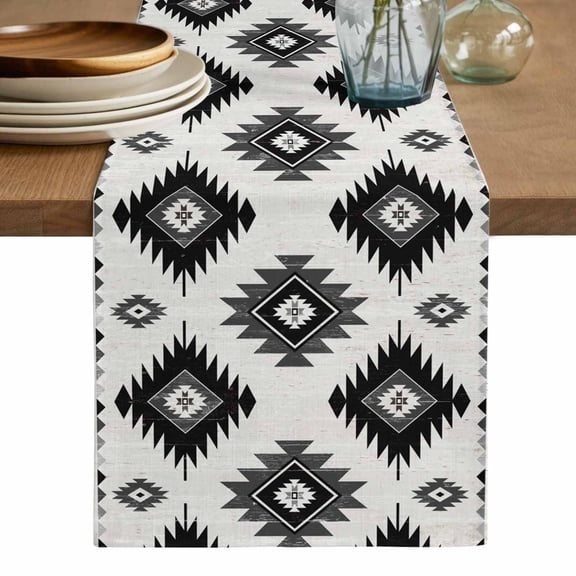Black Aztec Table Runner, Ethnic Southwest Boho Farmhouse Aesthetic Washable Cotton Linen Table Runners 72 Inches Long, Dresser Scarf Runner for Dining/Coffee/Kitchen/TV Stands/Cabinets 13''x72''