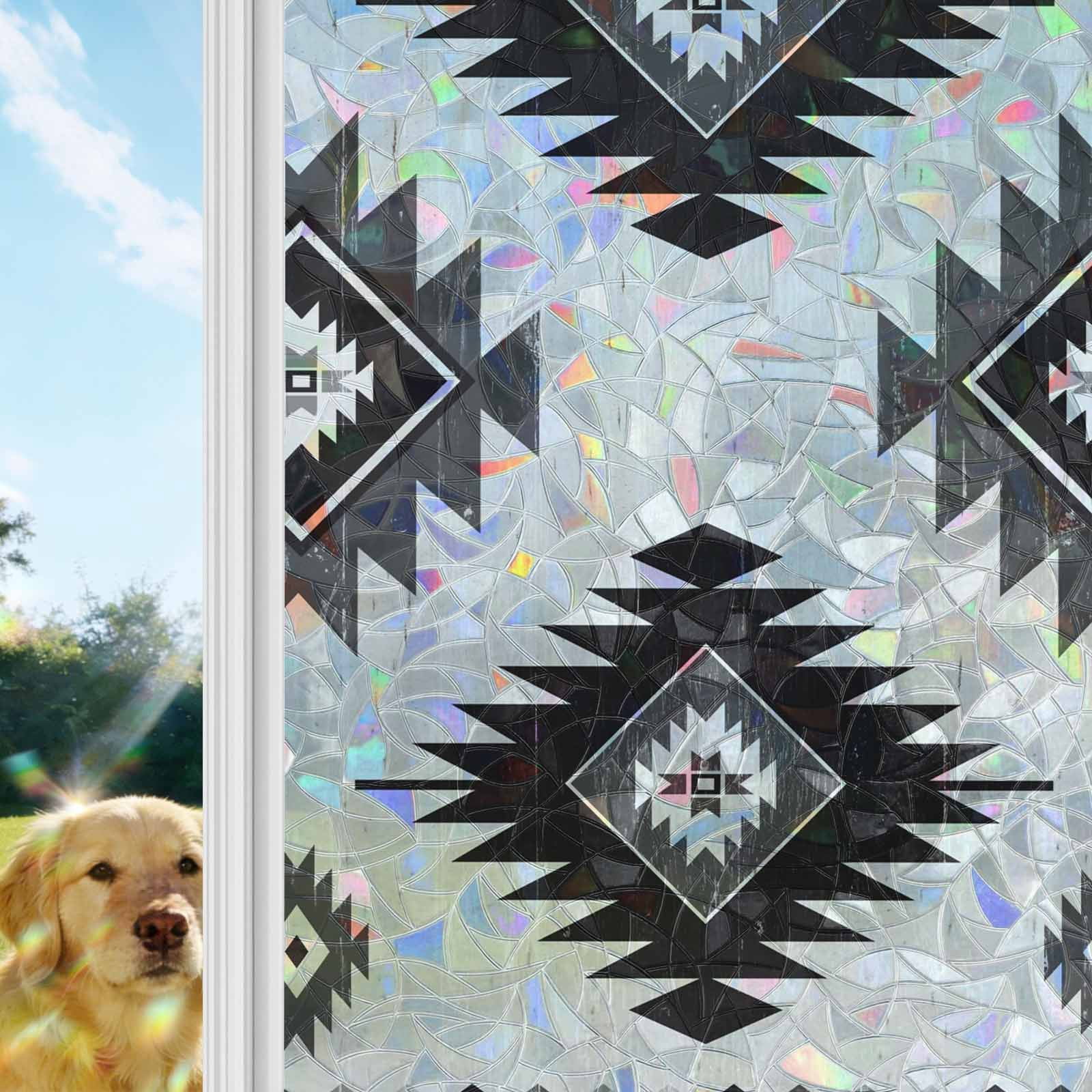 Black Aztec Window Privacy Film Stain Glass,Reusable Decorative Rainbow Window Film,Ethnic Southwest Boho Farmhouse Aesthetic Static Cling Sun Blocking Stickers Decals Covers 23.6" x 78.7" (2pcs)