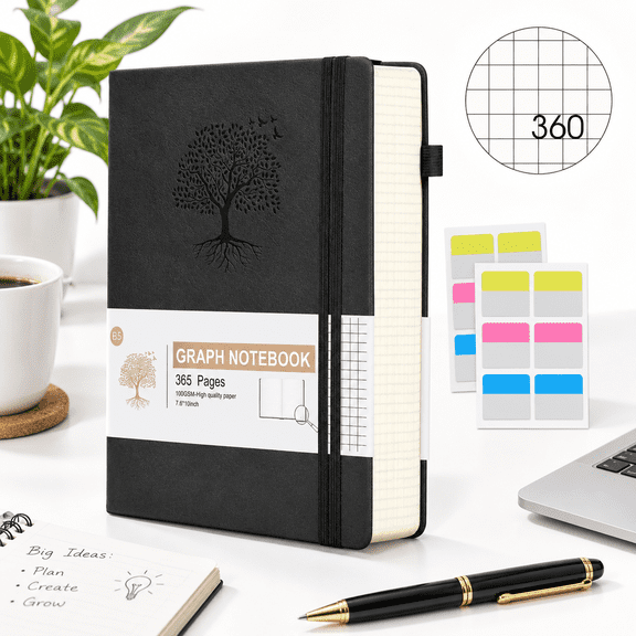 Black B5 Graph Paper Hardcover Notebook Journal, 360 Numbered Pages 100gsm Grid Notebook