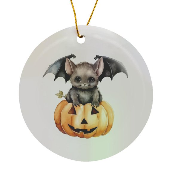 3drose, Black Baby Bat on a Jack O Lantern Illustration, Circle Porcelain Ornament