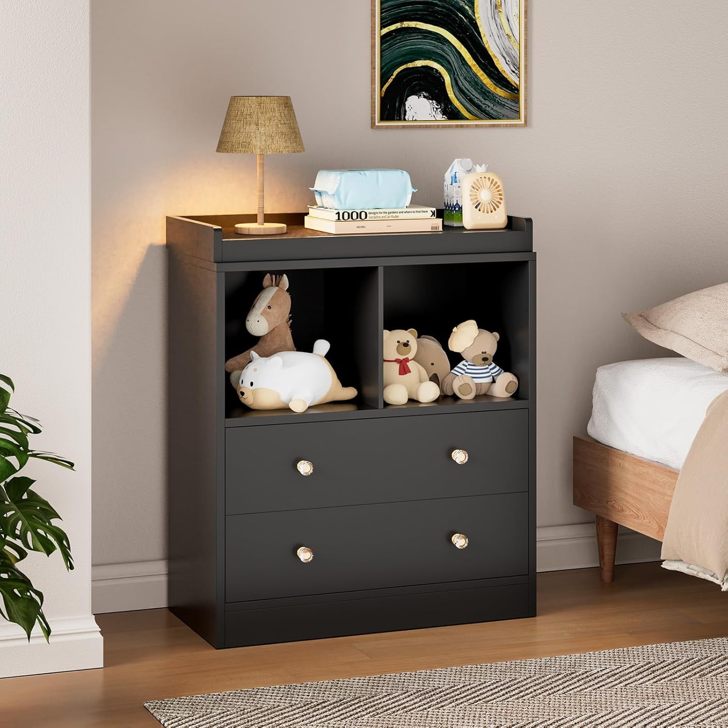 Black Baby Table Dresser with Changing Table Top 2 Drawers and 2 Open Compartments for Nursery Room with Modern Bedroom Kids Room