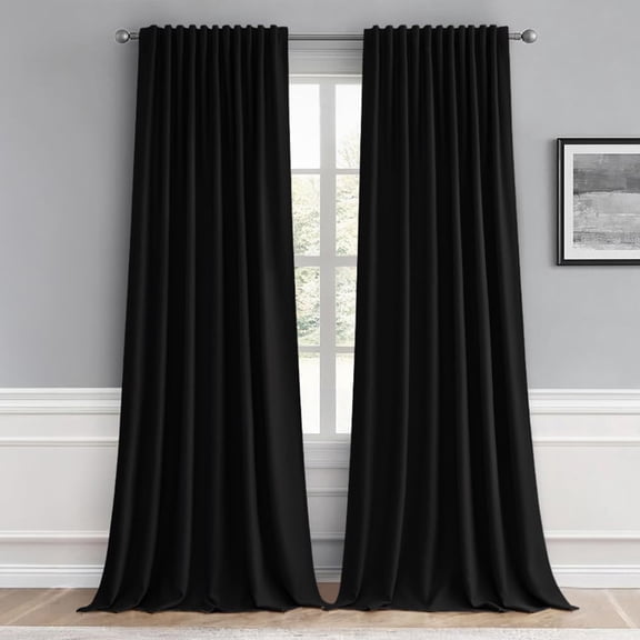 Black Back Tab Blackout Curtains 96 Inch Length 2 Panels Set for Living Room Bedroom, Rod Pocket/Pinch Pleat Thermal Insulated Room Darkening Pleated Light Blocking, W66" x L96"