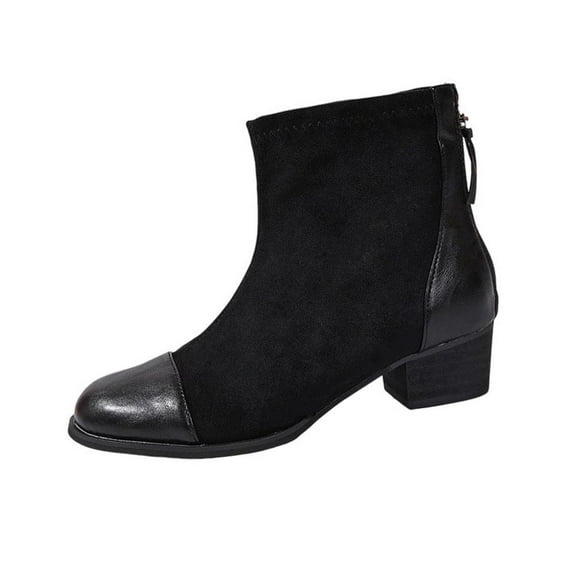 Black Back Zipper Spliced Ankle Boots For Women Round Toe Chunky Mid Heel Comfortable Winter Boots For Everyday Use And Stylish Looks
