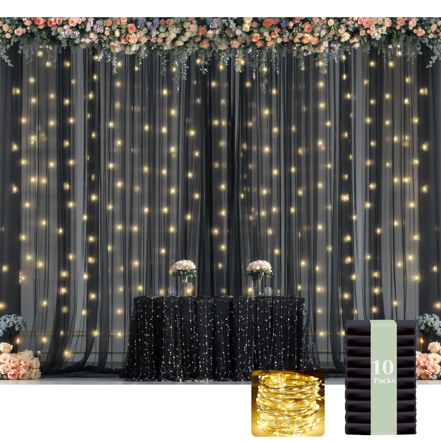 Black Backdrop Curtain with Lights String for Parites 50ft×10ft Black ...