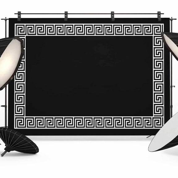 Black Backdrop for Photography, Greek Chinese Style Border Geometric Photo Backdrop Portrait Background Party Banner Photo Backgrounds for Studio Booth Props, 7x5ft