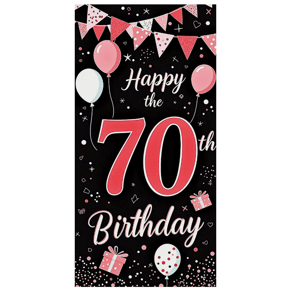 Black Backdrop with Pink Balloons Gift Boxes and Bunting Banner for 70th Happy Birthday Party Photography Props Decorations Event Celebrations