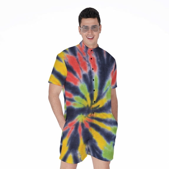 Black Backed Spiral Tie Dye Short Sleeve Men'S Rompers, Tie Dye Pattern Casual Summer Jumpsuits Outfit