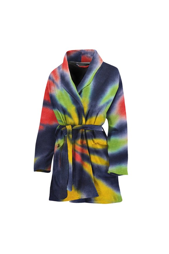 Black Backed Spiral Tie Dye Women Bathrobe One Size Univeral Fits, Tie Dye Pattern Fashion Lightweight Plush Fleece Long Robe For Women