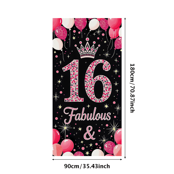 Black Background Banner with Pink White Balloons Glitter Stars Crown and Sparkling 16 for Sweet 16 Birthday Party Decoration Photography Props Backdrop Happy Birthday Party Supplies Decorations