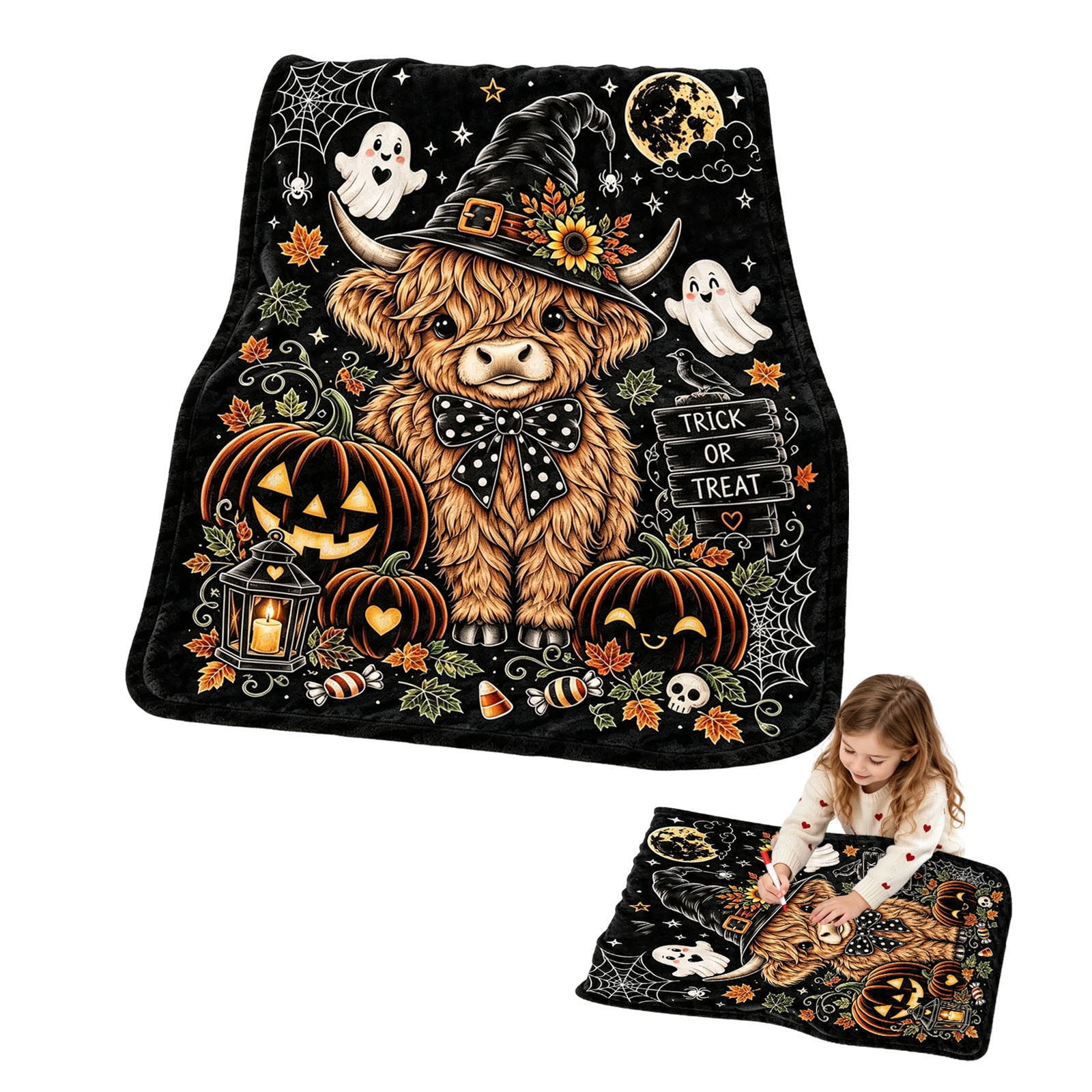 Black Background Cow DIY Coloring Blanket Kids Hand Drawing Color In ...