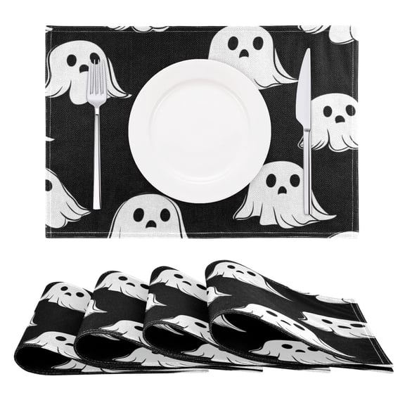 Black Background Ghost Placemats Set of 6 Coffee Mats, Non Slip Backing 18x12 Inch for Home and Restaurants