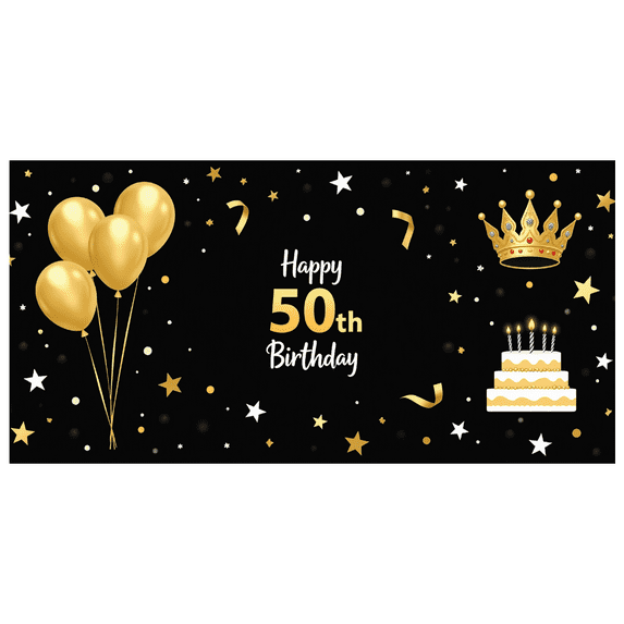 Black Background Glittery Golden 50th Birthday Banner with Balloons Cakes Crowns and Stars for Birthday Party Decorations Photography Props and Happy Moments
