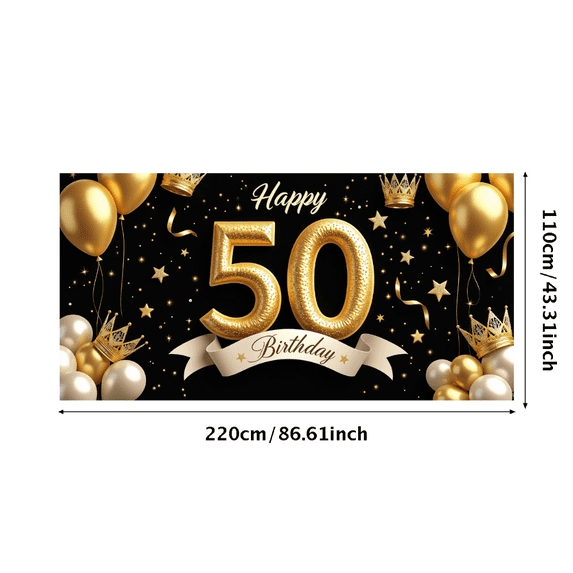 Black Background Glittery Golden Happy 50th Birthday Banner Balloons Crowns Cakes Stars Party Supplies Photography Props Birthday Decoration Decor Backdrop