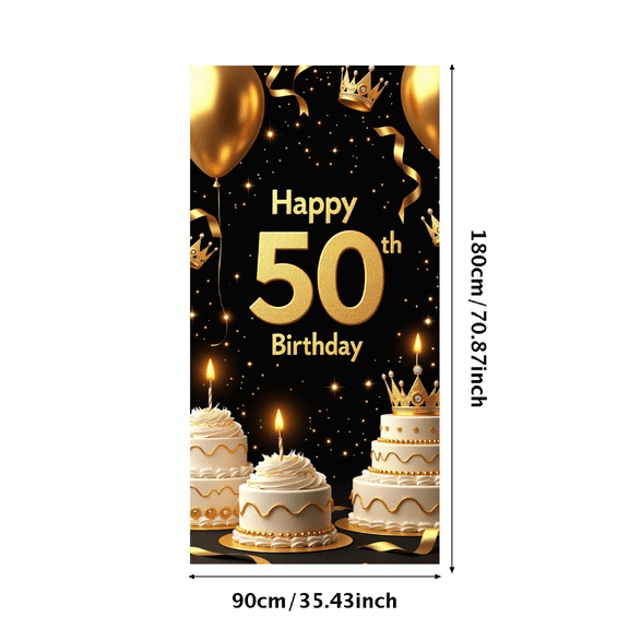 Black Background Glittery Happy 50th Birthday Banner with Golden Balloons Crowns and Cakes Party Supplies Photography Props Birthday Decors Backdrop