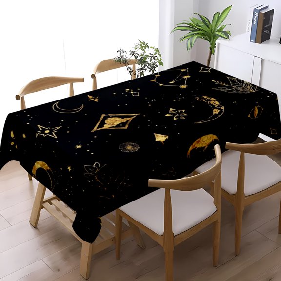 Black Background Gold Astrology Moon Leaf Print Tablecloth, Kitchen Dining Living Room Multipurpose Decor, Versatile Mystic Table Cover, Thanksgiving Christmas Gift