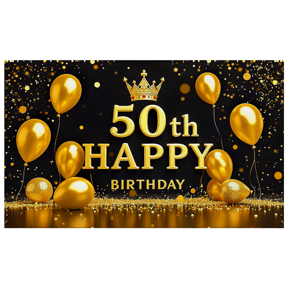 Black Background Golden Balloon 50th Birthday Banner with Crown Element Party Decoration Backdrop Photography Props Happy Birthday Party Supplies
