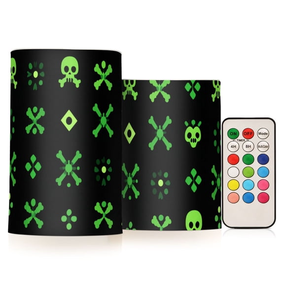 Black Background Green Skulls and Crossbones Flickering Flameless Candles LED Tealight Battery Operated with Remote Set of 2 Holiday Decor Ornaments