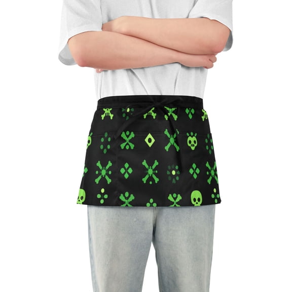 Black Background Green Skulls and Crossbones Short Server Apron with 3 Pockets for Unisex Chef Gardening
