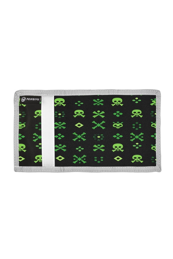 Black Background Green Skulls and Crossbones Trifold Wallets Card Holders Coin Pockets with Lanyards Portable Unisex