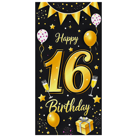 Black Background Happy 16 Birthday Banner with Golden Balloons Stars and Bunting Party Supplies Photo Backdrop Decoration for Birthday Parties Celebrations Photography Props