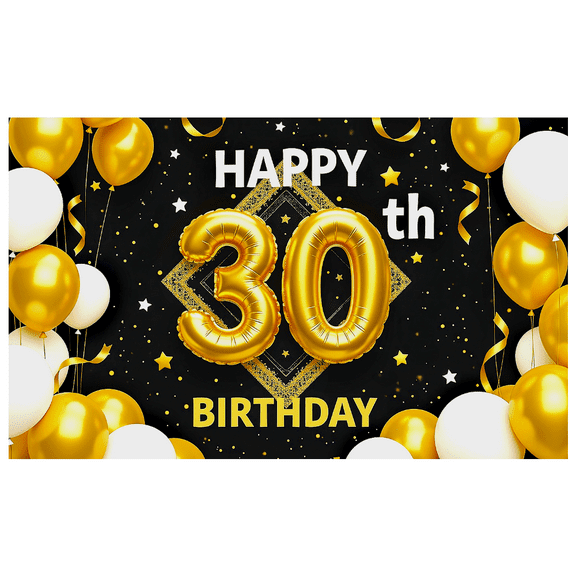Black Background Happy 30th Birthday Banner with Golden Balloons Stars and Ribbons Party Decoration Backdrop for Birthday Parties Photography Props and Celebrations