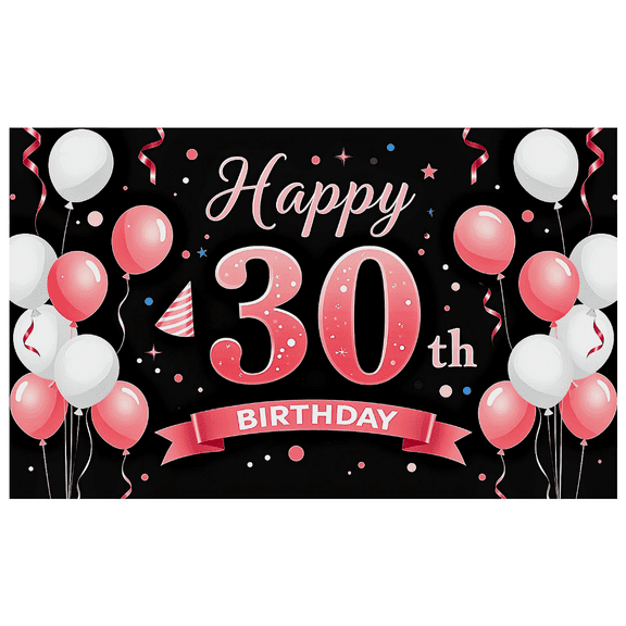 Black Background Happy 30th Birthday Banner with Pink White Balloons Party Decors for Photography Props Birthday Party Backdrop Supplies