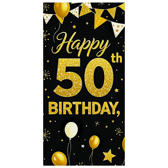 Black Background Happy 50th Birthday Banner with Glitter Gold Elements Balloons Stars Party Supplies Backdrop Decorations Photography Props Party Decors