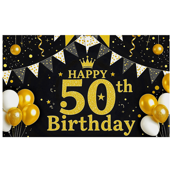 Black Background Happy 50th Birthday Banner with Golden Crown Balloons and Bunting Decors for Birthday Party Photography Props Backdrop Supplies