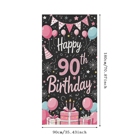 Black Background Happy 90th Birthday Banner with Balloons Party Hats and Presents Backdrop Party Supplies Photography Props Birthday Decoration Party Decorations