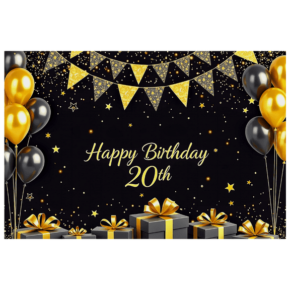 Black Background Happy Birthday 20th Gold Glitter Triangle Banner with Star Elements Party Supplies Birthday Decoration Photography Props Backdrop Decorations