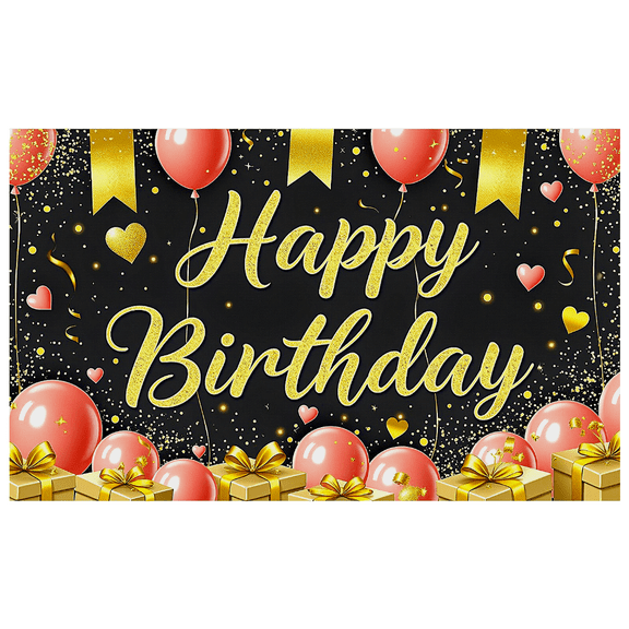 Black Background Happy Birthday Banner with Gold Glittery Letters Hearts and Bunting Decorations Party Supplies for Birthday Party Photography Props and Decors