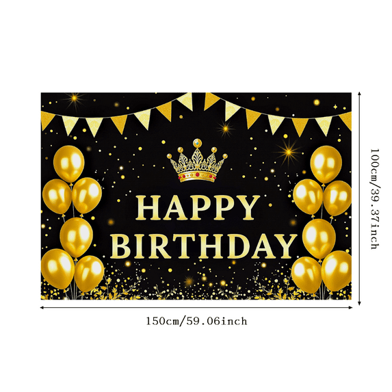 Black Background Happy Birthday Banner with Golden Crown Balloons and Bunting Party Decors Backdrop Photography Props for Birthday Party Celebration Photo Booth Event Decor