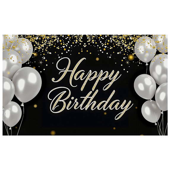 Black Background Happy Birthday Banner with Silver Balloons and Golden Glitter Party Supplies Photography Props Birthday Party Decorations Backdrop Decors