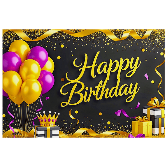 Black Background Happy Birthday Banner with Gold Purple Balloons Crown Gifts Backdrop Party Decorations Photography Props Birthday Party Supplies